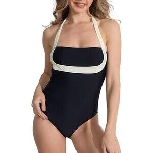 Size XL Women's Tummy Control One Piece Beige Hater Strap Swimsuit Color Block